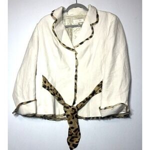 Escada Women Cream Linen Silk Leopard Print Trim Tie Waist Blazer Jacket Sz 44